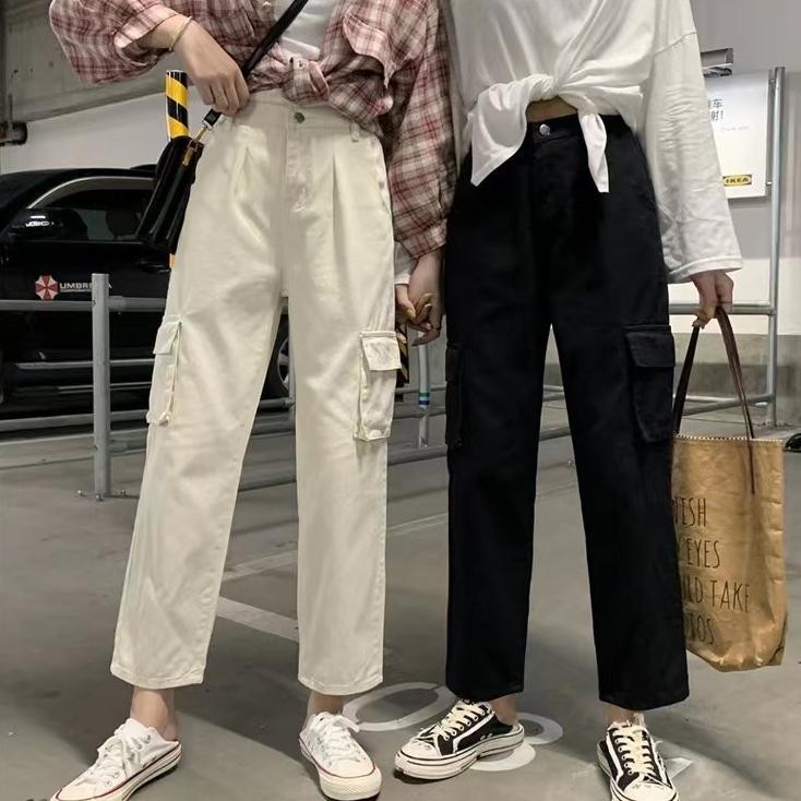 Highwaist Cargo Jeans Krem Hitam / Cargo Jeans Wanita / Cargo Jeans Premium