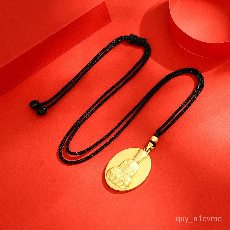 Angin24kKalung Emas Asli Guanyin Bodhisattva Ornamen Temperamen Pria Wanita Tali Hitam Buatan Tangan
