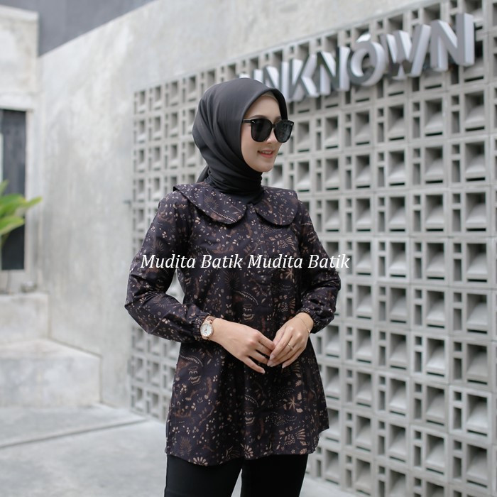 TUNIK ATASAN BATIK MECCA Blouse Blous Batik Wanita Lengan Panjang Modern Atasan Premium Warna Hitam