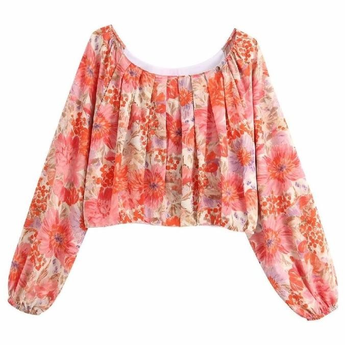 Ab755757 Baju Atasan Sabrina Wanita Blouse Bunga Korea Import Orange