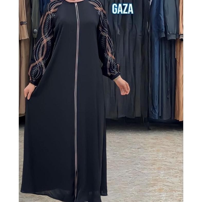 ABAYA GAZA BORDIR LENGAN KLOK UMBRELA BUSUI RESLETING KANAN KIRI BAHAN JETBLACK ALKHATIB COLLECTION 