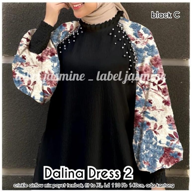 Ready(Siap Kirim) Dalina Dress Label Jasmine (Standar & Jumbo) Dalena Dress Gamis Cringkle Airflow K