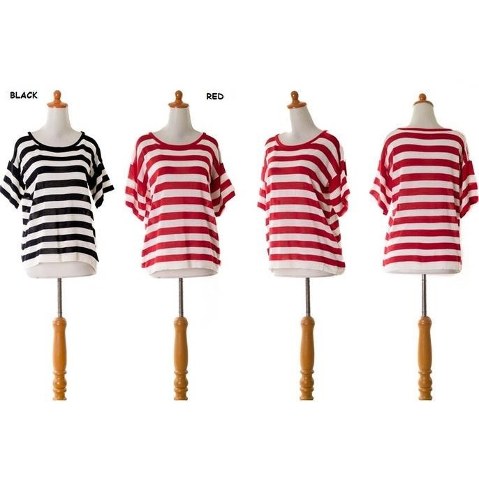 Baju Atasan Kaos Garis Hitam Merah Putih Wanita Blouse Korea Ab936491