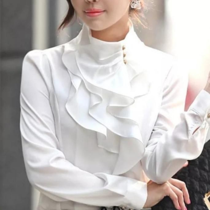 Atasan Hem Shirt Blouse Baju Wanita Rempel Ruffle Leher Tinggi Putih