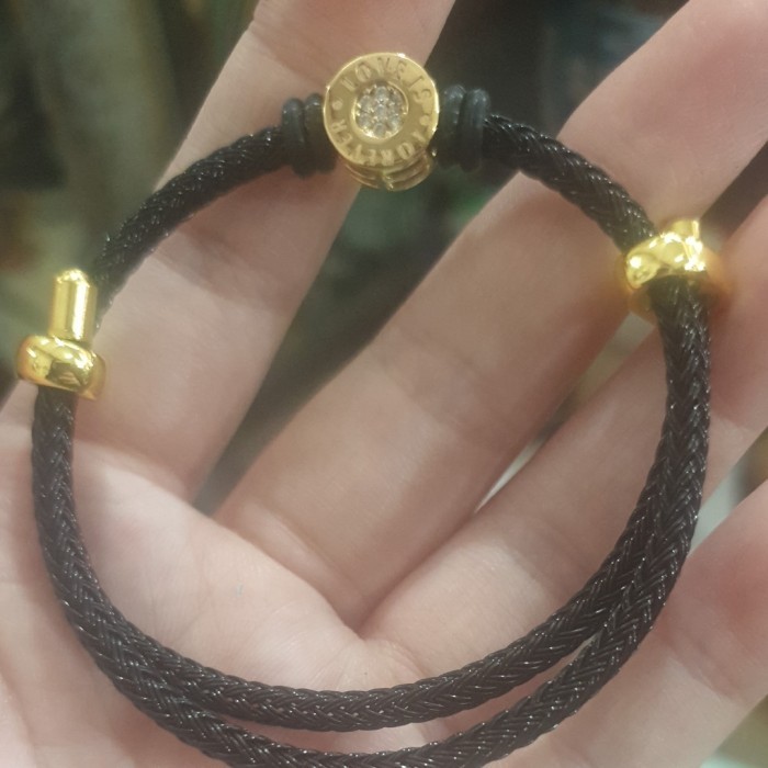 GELANG TALI PANDORA HITAM EMAS ASLI TULISAN LOVE IS FOREVER 375 8K