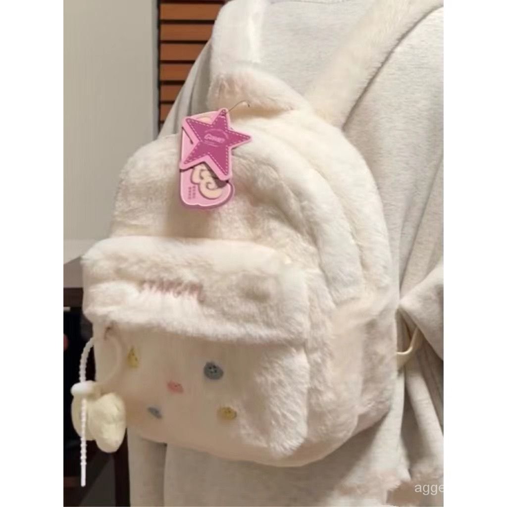 Tas Ransel Bulu Premium Putih/Tas Ransel Wanita Tas Cewek Bulu Mini Backpack/Tas lucu