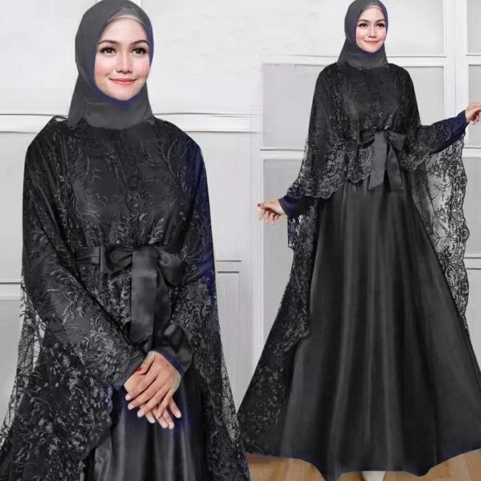 Arelina Hitam Gamis Pesta Premium Satin Brokat Tile Ami Ktf