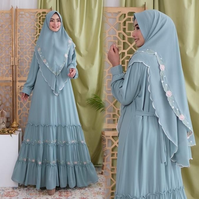 Setelan Gamis Wanita Dewasa Baju Syari Set Hijab Muslim Jumbo Nadia