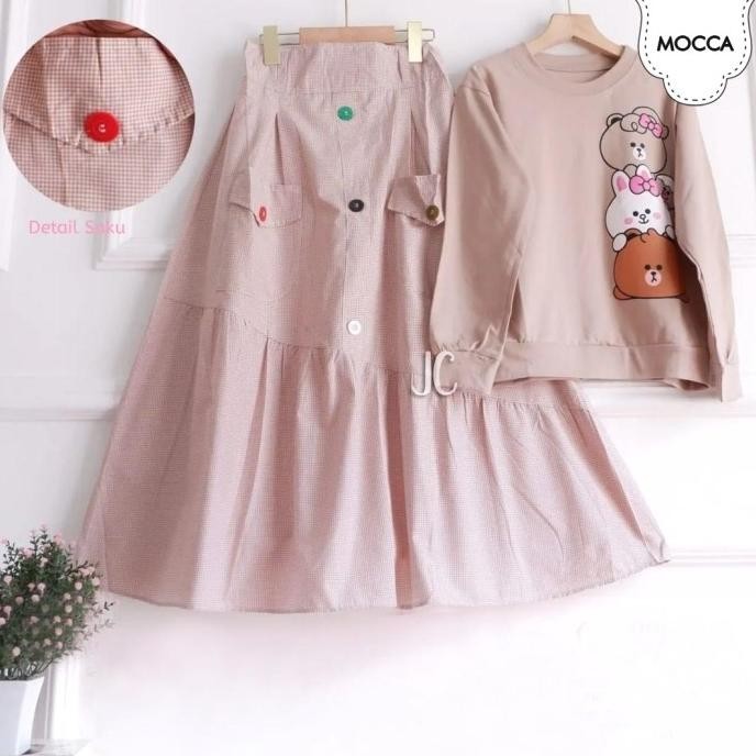 Baju Setelan Rok Anak Perempuan Muslim Gaia Katun Kotak 8-10 Tahun