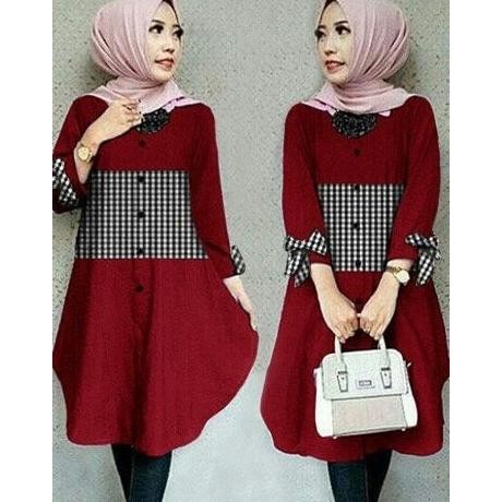 [Tunix Ribbon Kotak Ro] Tunik Wanita Katun Rayon Maroon