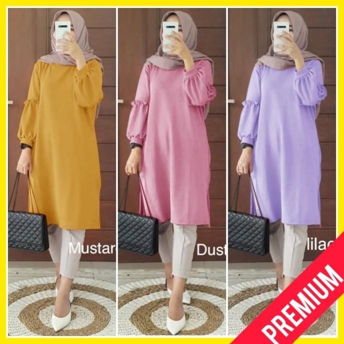 A18 Tunik Kaos Jeruk Wanita Muslim Dress Lengan Panjang Adem Terbaru