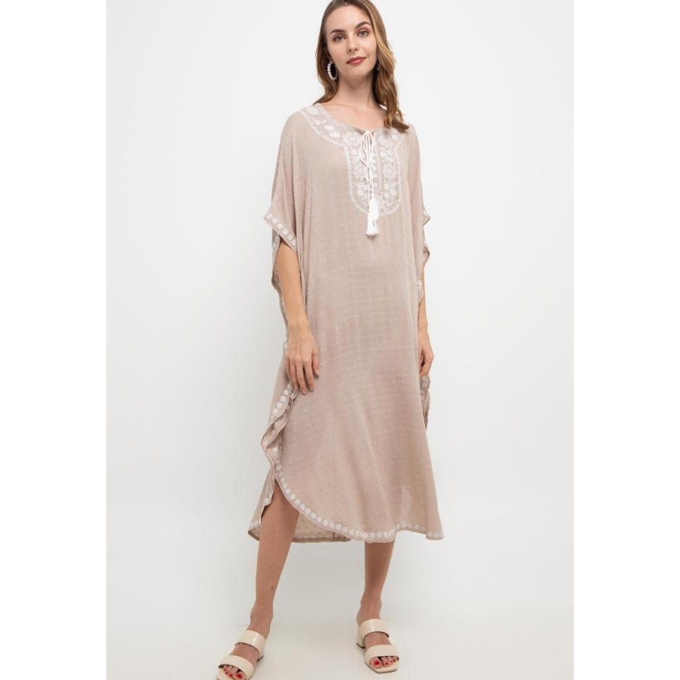 Chic Simple Embroidered Swiss Dot Kaftan - Blue
