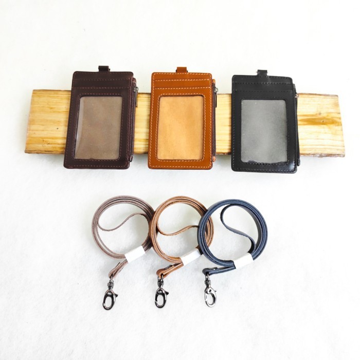 

HARGA DISC - Leather Zipper ID Card Holder/ Lanyard Name Tag Resleting Kulit Asli
