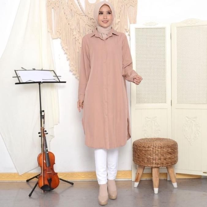 Tunik Jumbo Polos Murah Remaja Wanita Kekinian Putih Lebaran Kemeja