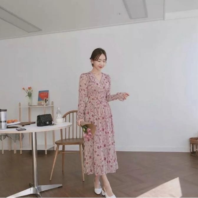 Gamis Fashion Muslimah Korean Style All Size Karet Office Midi Dress