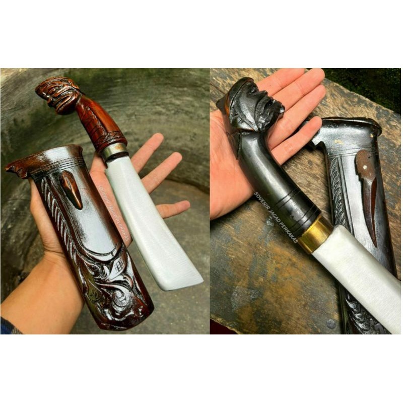 Pisau Gocil Tanggung BAJA PER JEEP Jadul Ukiran Cepot Wayang Ukir Barang Seni Serbaguna Sembelih Ker