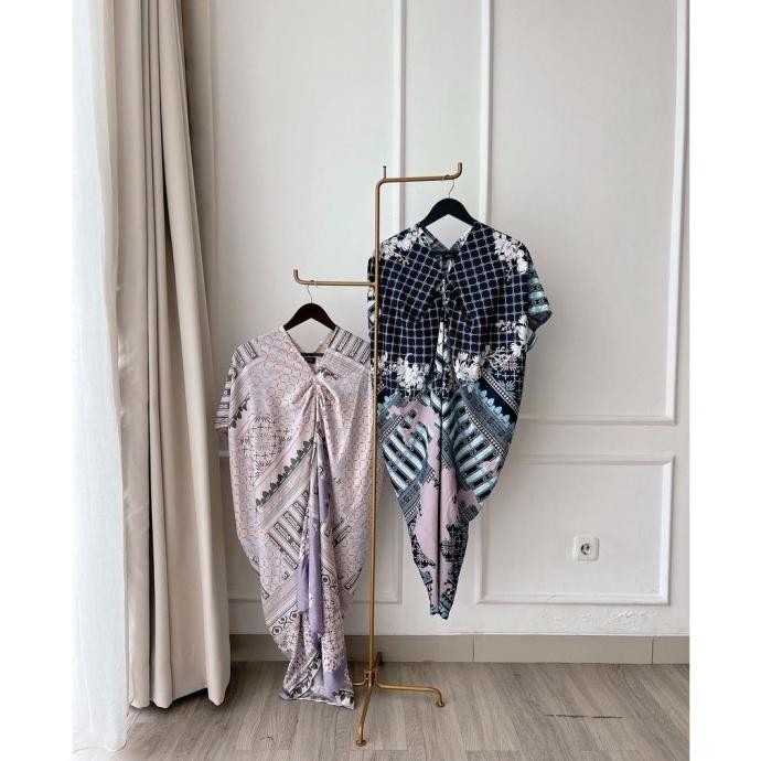 Baju Dress Kaftan Motif Batik Satin Busana Muslim Wanita Lebaran Jumbo