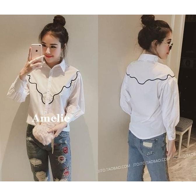 Baju Atasan Kemeja Wanita Putih Garis Blue White Blouse Tunik Import