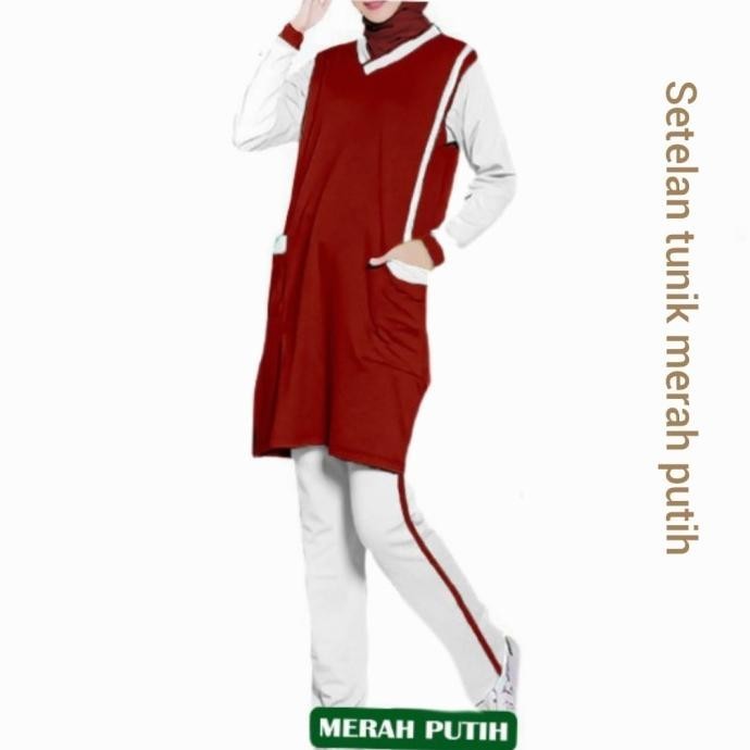 Setelan Tunik Muslimah Merah Putih