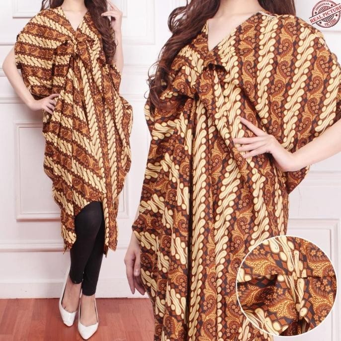 Baju Atasan Tunik Batik Jumbo Coklat Tua Model Kaftan Modern Murah Ktf