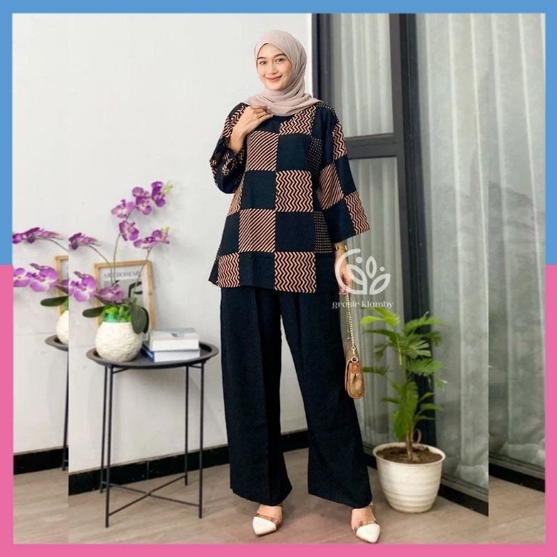 Setelan Long Tunik One Set Panjang Motif Kotak Monocrom Fashion Muslim Wanita Oneset Daily Jumbo Big