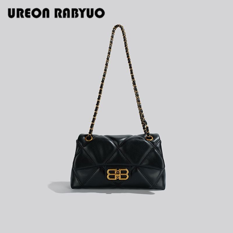 Tas Kulit Hitam Asli untuk Wanita, Tas Kurir Bahu Gaya Barat Kelas Atas, Tas Rantai Kulit Hitam Asli