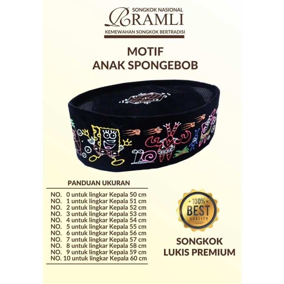 Peci Songkok Anak Hitam Lukis Motif Spongsbob