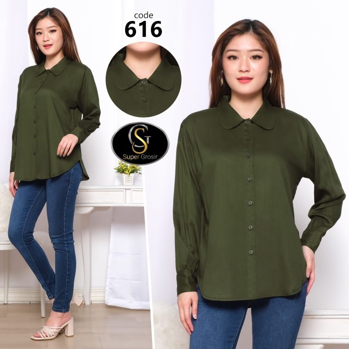 Kemeja Wanita Kemeja Casual Kerah Bulat Katun Twill 3S1