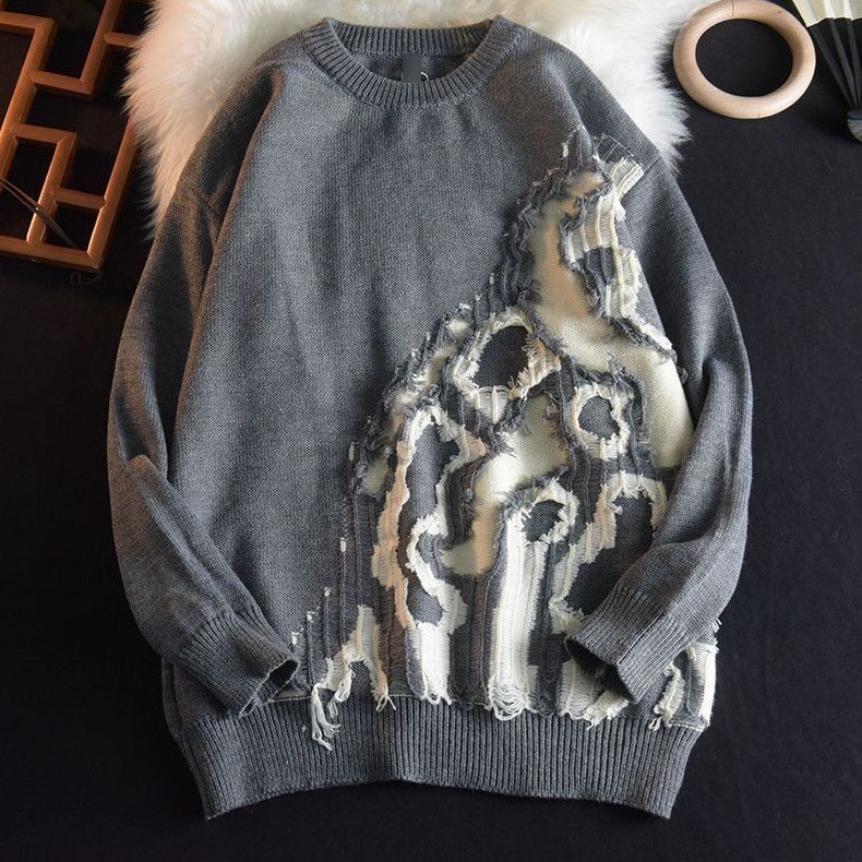Ripped Sweater Couple round Neck Sweater Coat for Men