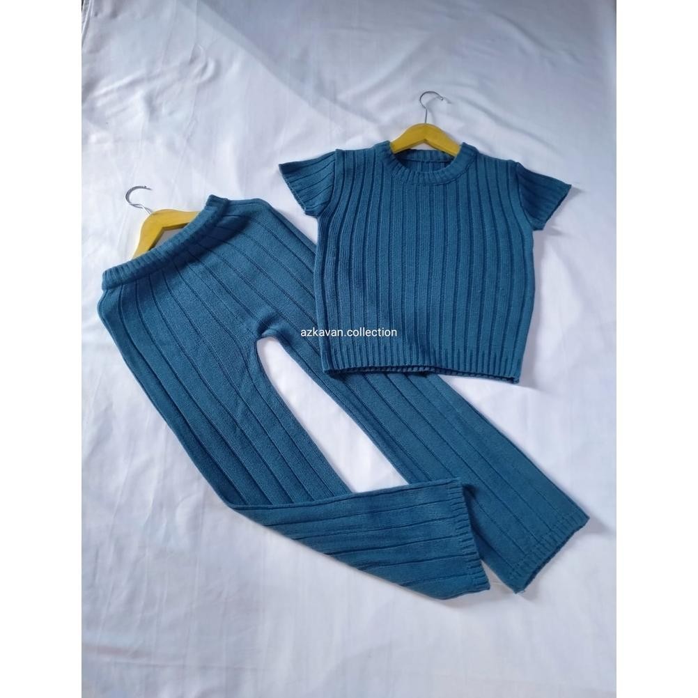 ONE Set blouse salur tangan pendek VS celana kulot Rajut anak umur 4-7-8-9-10-12 tahun/ pakaian anak