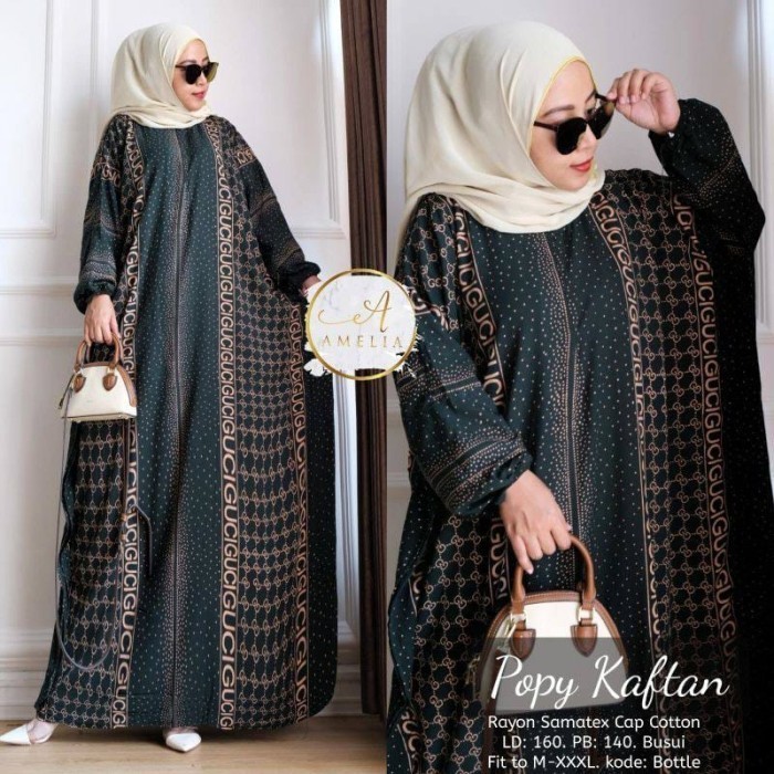Promo GAMIS KAFTAN JUMBO DRESS WANITA / KAFTAN BATIK RAYON PREMIUM LD 140 - P.Hijau Botol Lebaran Me