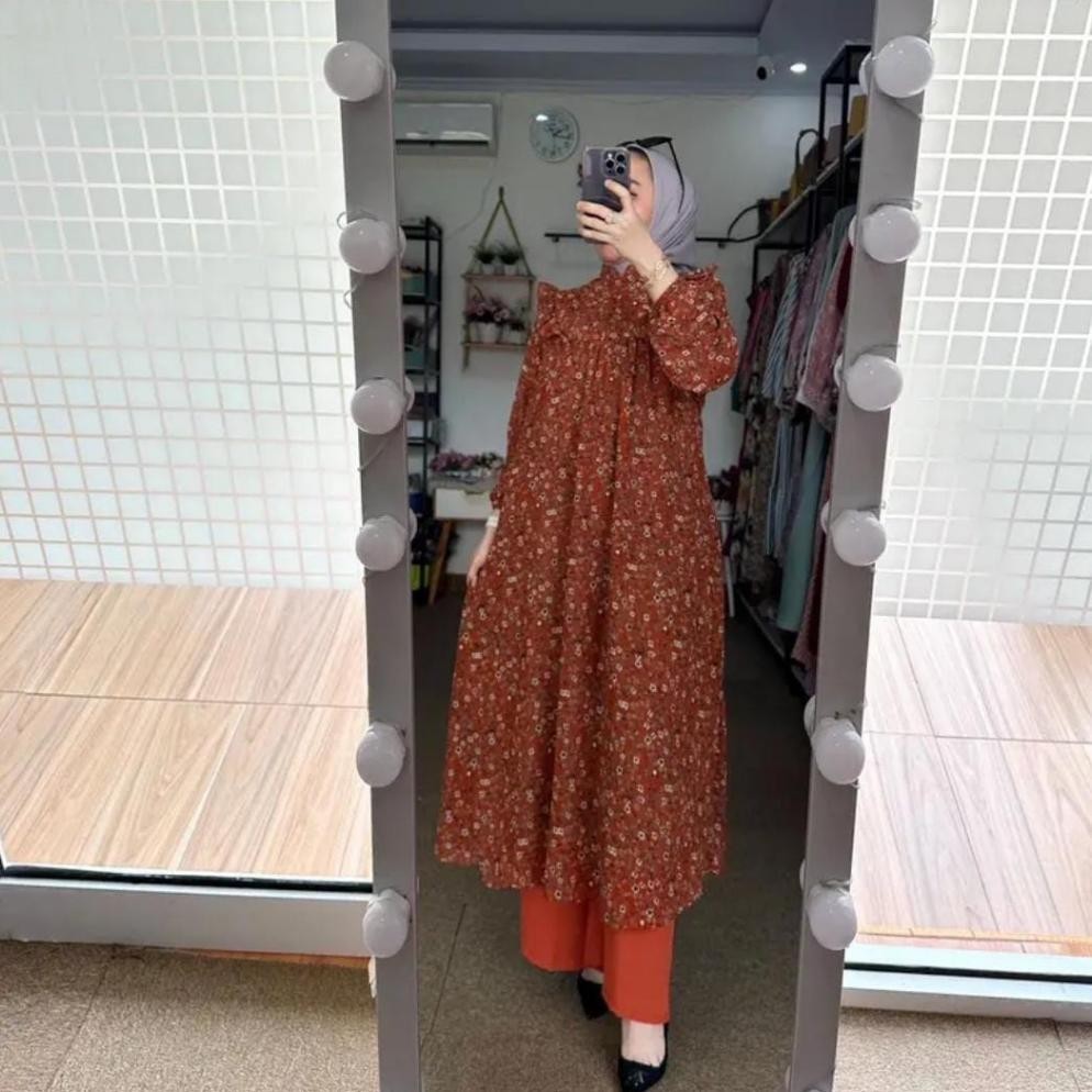 Big Sale Amel - Setelan Long Tunik Wanita Indriya Jasmine Setelan Kulot Cringkle Wanita Oneset Midi 