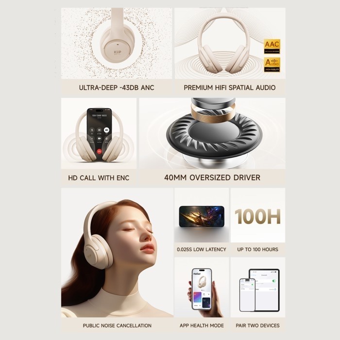 Kiip Wireless Th90 Anc Wireless Over-Ear Headphone Spatial Audio