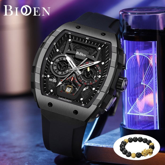 Biden Jam Tangan Pria Kuarsa Kemewahan Multifungsi Tali Silikon Jam