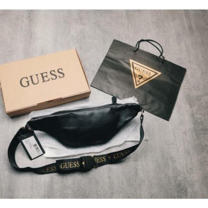 Terbaru Cuci-Gudang Waist Bag Guess Balck Gold Full Set/ Waistbag Pria Webikinar