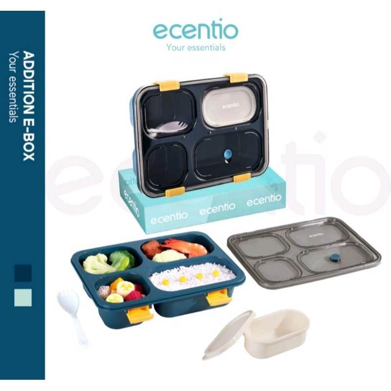 Lunch Box Ecentio Kotak makan 4skat Blue 1300ml Anti Tumpah Kotak makan Bekal Tempat makanan Ecentio