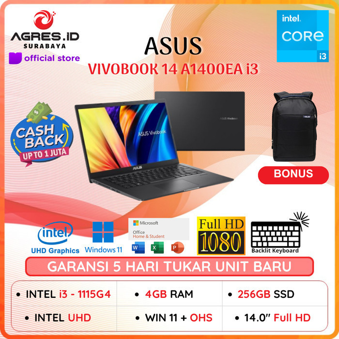 Asus Vivobook 14 A1400Ea I3 1115G4 4Gb 256Ssd 14.0 Fhd Win 11+ Office