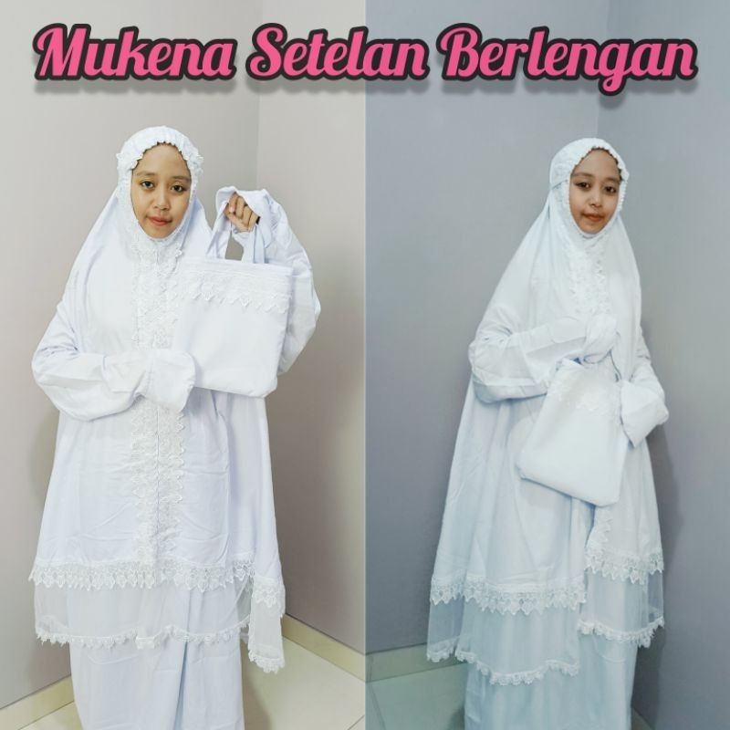 Mukena Setelan/Potongan Berlengan Reda Tile Mukenah Umroh/Haji Putih Katun Micro