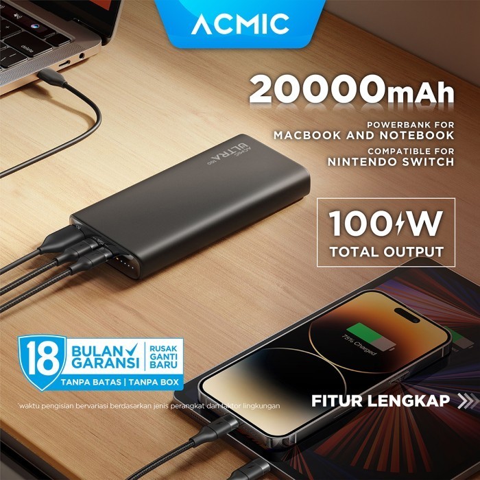 Acmic Ultra 20000Mah Powerbank 100W Type C Super Fast Charging Laptop