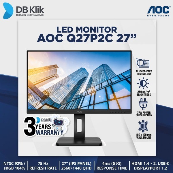 Led Monitor Aoc Q27P2C 27" 75Hz Qhd Hdmi Dp Usb C - Aoc Q27P2C/70