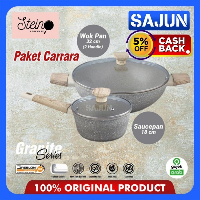 Stein Cookware Paket Carrara Granite Greblon Set Wok Pan & Sauce Pan