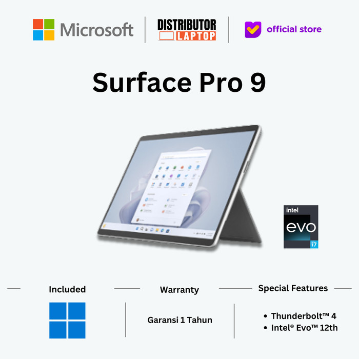 Microsoft Surface Pro 9 Intel Core I7 Ram 16Gb Ssd 256Gb 512Gb Termurah Terlaris Promo