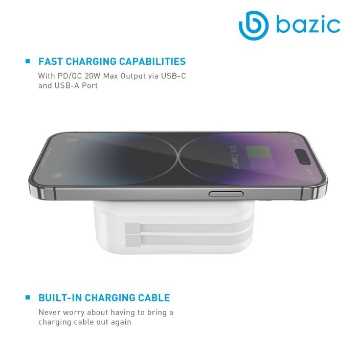 Wall Charger With Powerbank + Built-In Cable Bazic Goport Travel 10K