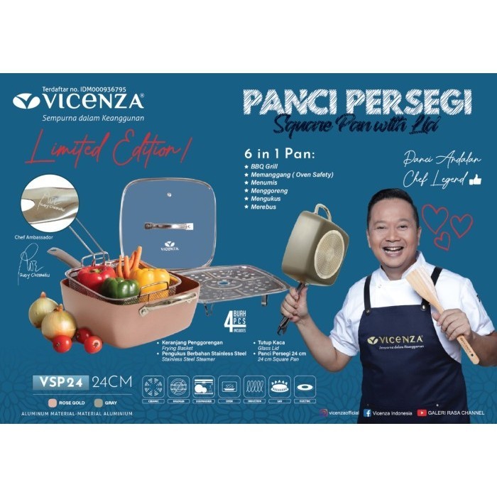 Vicenza Square Pan Panci Kotak With Lid 24 Cm - Vicenza Vsp-24