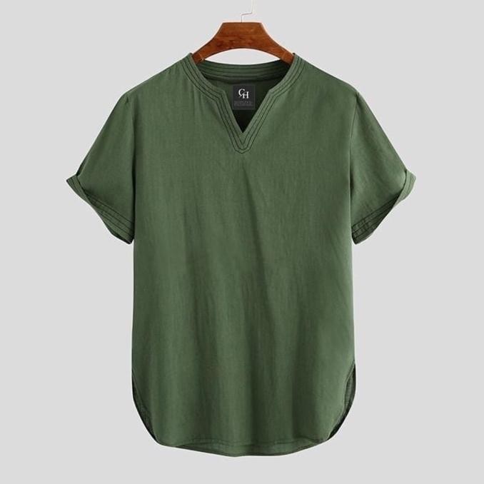 Baju Koko Pria ZHAFAR Hijau Army Polos Kerah V-Neck Lengan Pendek