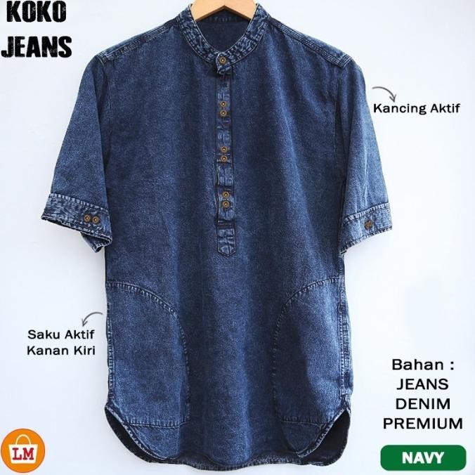 Baju Pria Muslim Koko Jeans Lengan Pendek Bahan Denim M-Xxl / 22083