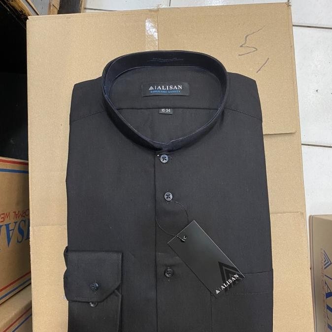 Kemeja Alisan Lengan Panjang Koko Polos Hitam Reguler Fit