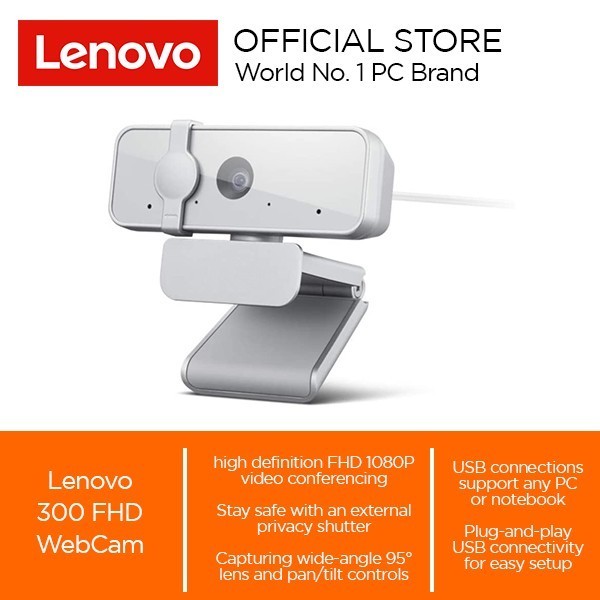Lenovo 300 FHD WebCam - Kamera Full HD 1080p dengan Mikrofon Dual dan Penutup Privasi