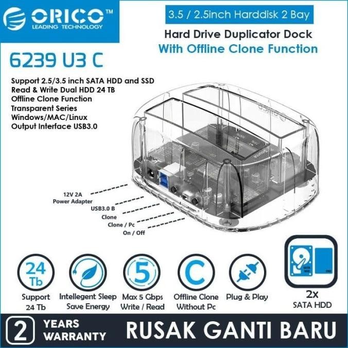 Orico Ssd/Hdd Docking Dual Bay Clone Transparent - 6239U3-C