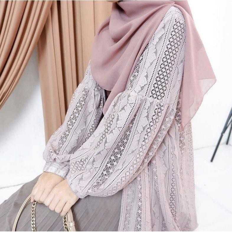 Bisa Cod Free Sabuk - Cardigan Burkat Lengan Balon Premium Terbaru / Long Cardi Brukat Fashion Wanit